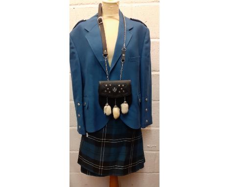 A Kilt Company Ramsay Blue tartan kilt, 40" waist together with a mid blue jacket 48" chest having square silver tone buttons