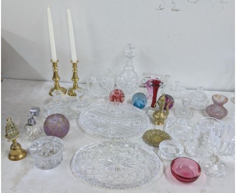 Glassware to include a Waterford paper weight, Oriffors glass bowl, brass  ware to include a pair of candle sticks, and other