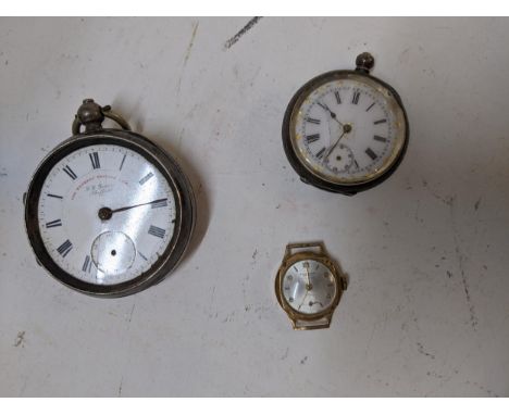 Two silver cased pocket watches and a 9ct gold cased ladies wristwatches 9gLocation: 