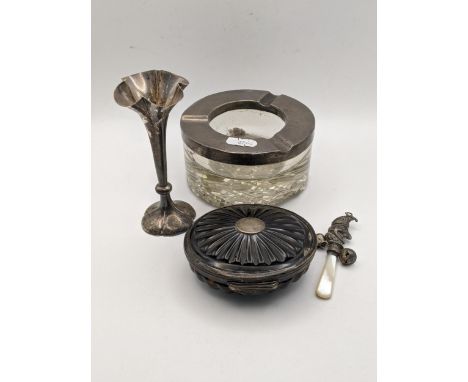 Silver items to include a weighted vase, mother of pearl and silver rattle, a silver and tortoise shell trinket box A/F, alon