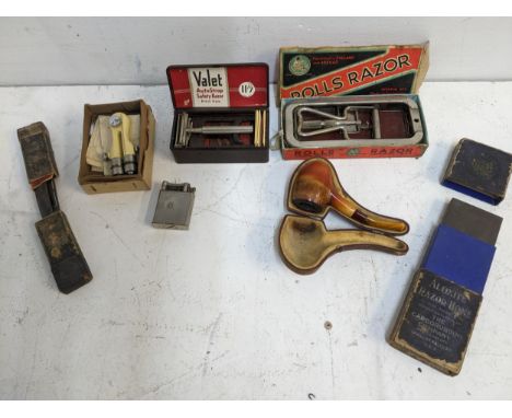 A mixed lot of shaving and smoking memorabilia to include a silver plated Dunhill lighter, a leather cased Meerschaum pipe, B