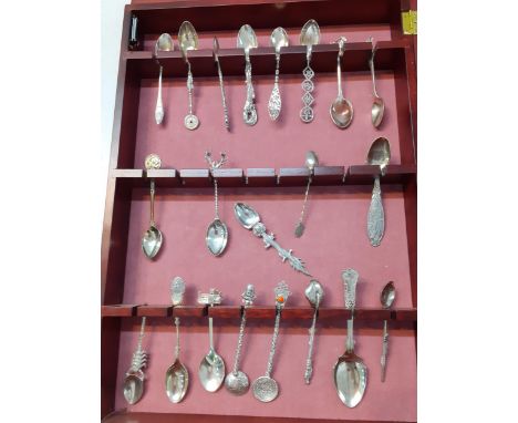 A Modern spoon display wall cabinet and contents to include Chinese white metal teaspoons and silver examples.Location: 5:5 