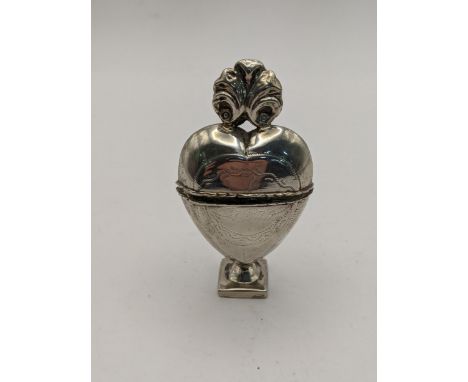 Early 19th Century Norwegian silver heart shaped pomander with scroll from finial, dot engraving to the heart shaped body, hi