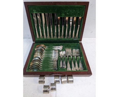 An Osborne Kings pattern silver plated cutlery set, cased, along with six plated napkin ringsLocation: 