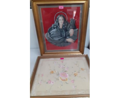 A bead and cross-stitch stretched and framed tapestry of an angel, together with an Oriental embroidery of flora having a lac