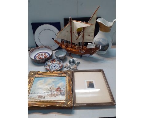 A mixed lot to include a model of a sailing vessel, late 20th century Oriental ceramics, a Nao model of two puppies and an oi