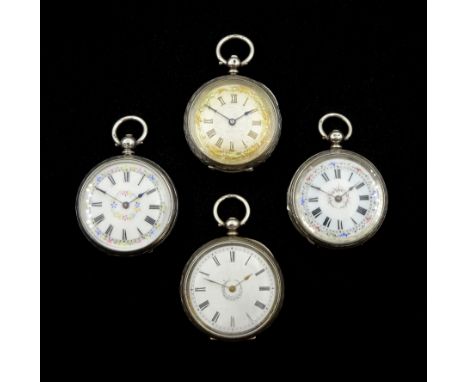 Four 19th/early 20th century silver open face ladies cylinder pocket watches, white enamel and silver decorated dials with Ro