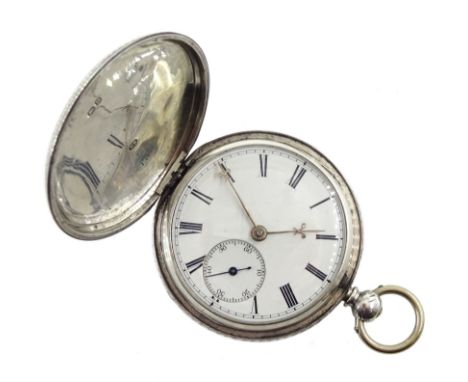 Victorian silver full hunter English lever fusee pocket watch, No. 31818, engraved balance cock with diamond endstone, white 