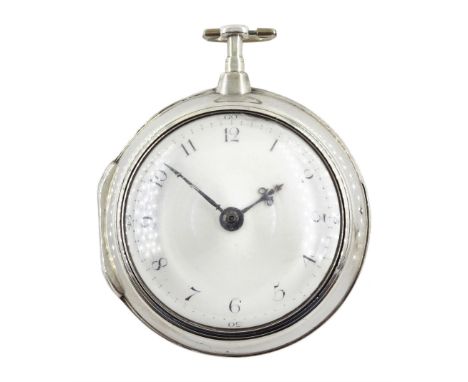 George III silver pair cased verge fusee pocket watch by Richard Tompion, Liverpool, No. 3801, round baluster pillars, pierce