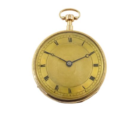 19th century French 18ct gold open face key wound musical repeating cylinder pocket watch, circa 1820, movement not signed, t