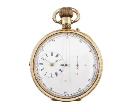 Gold-plated open face keyless lever diablotine chronograph pocket watch, white enamel dial with centre seconds and subsidiary