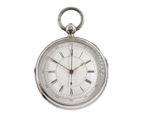Victorian silver key wound chronograph pocket watch No. 94635, white enamel dial with Roman numerals, outer seconds track num
