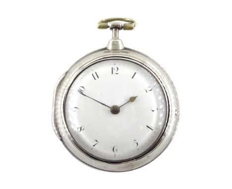 George III silver pair cased verge fusee pocket watch by Thomas Cape, London, No. 894, round baluster pillars, pierced and en