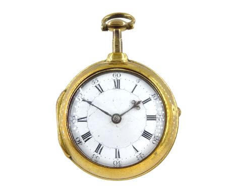 George III gilt pair cased verge fusee pocket watch by Michael Archdekin, Dublin, No. 383, square baluster pillars, pierced a