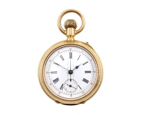 Swiss 18ct gold open face keyless lever chronograph pocket watch, case No. 7967, skeleton dust cover, chronograph operated by