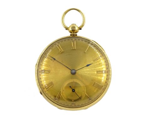 19th century 18ct gold open face lever fusee pocket watch, No. 10007, gilt dial with Roman numerals and subsidiary seconds di