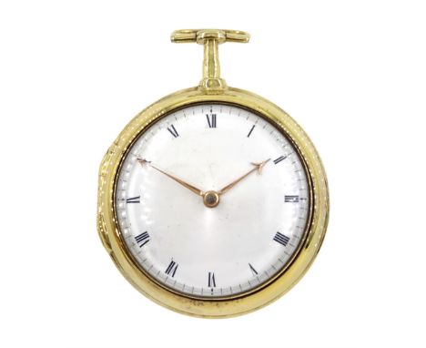 George III gilt pair cased verge fusee pocket watch by George Flote, Islington London, No. 1790, round baluster pillars, pier