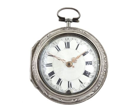 Early George III silver repousse pair cased verge fusee pocket watch by Samuel Weldon, London, No. 24807,  square baluster pi