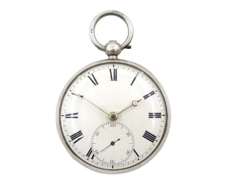 William IV silver open face English lever fusee pocket watch, engraved balance cock decorated with a mask and diamond endston