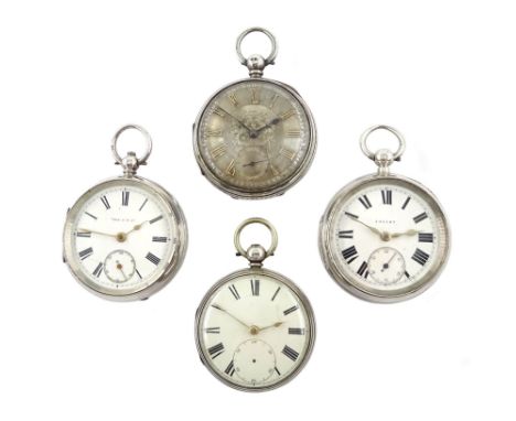Four Victorian silver open face lever pocket watches, one by W. Hird, Barrow another by J.W. Johnston, Carlisle, two not sign