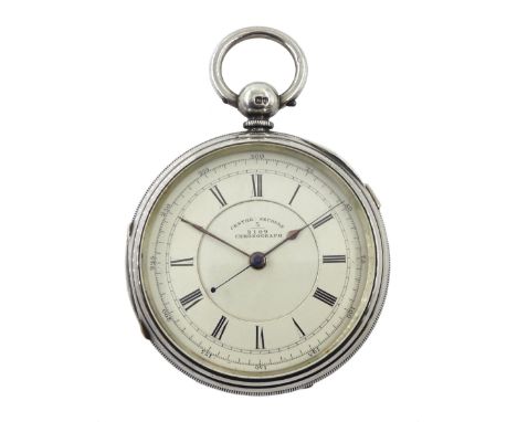 Victorian silver open face centre seconds, key wound chronograph pocket watch, No. 32109, white enamel dial with Roman numera