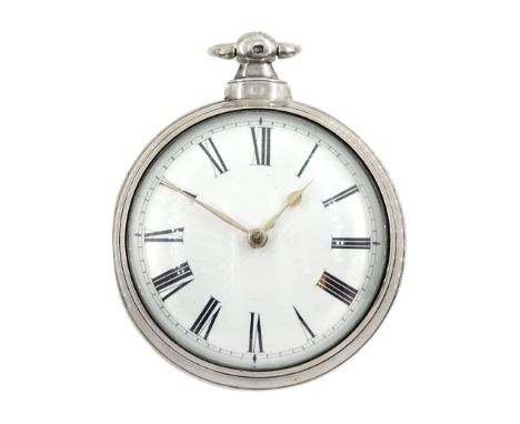 Victorian silver pair cased verge fusee pocket watch No. 8577, round pillars, pierced and engraved balance cock decorated wit