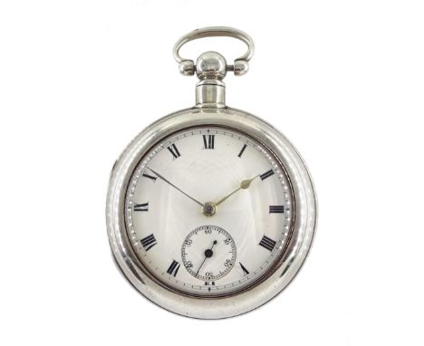 Edwardian silver pair cased lever fusee pocket watch by John Bell, Cupar Fife, No. 143441, round pillars, white enamel dial w