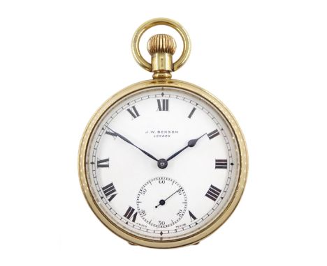 9ct gold open face Swiss lever, 15 jewels keyless pocket watch by J W Benson, London, white enamel dial with Roman numerals a