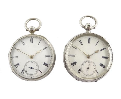 Two Victorian silver open face English lever fusee pocket watches, white enamel dials with Roman numerals and subsidiary seco