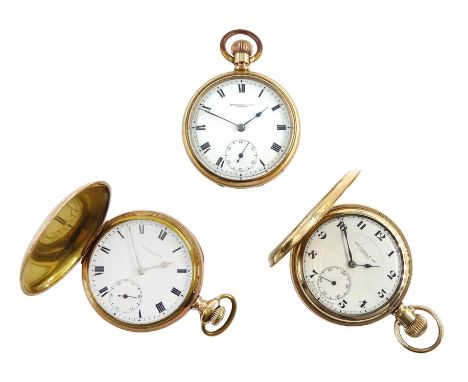 Two gold-plated full hunter keyless lever pocket watches and one open face lever pocket watch, all by Thomas Russell, Liverpo