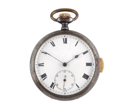 Early 20th century gun metal open face keyless quarter repeating Swiss lever pocket watch, plunge repeat to the side, case st