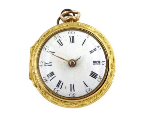 Early George III silver-gilt repousse pair cased verge fusee pocket watch by William Turner, London, No. 7775, square baluste