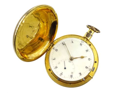 George III gilt full hunter verge fusee pocket watch by J & F Vigne, London, No.5097, round pillars, pierced and engraved bal