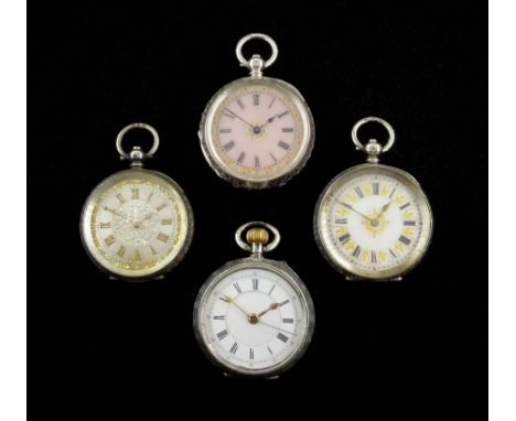Four silver open face Swiss ladies silver cylinder fob watches, three key wound and one keyless, enamel and silver dials with