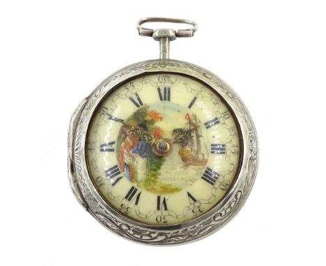 George III silver repousse pair cased verge fusee pocket watch by Samson, London,  No. 20384, square baluster pillars, the en