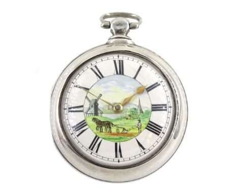 Victorian silver pair cased verge fusee pocket watch by J W Adcock, East Dereham, No. 98132, round pillars, pierced and engra
