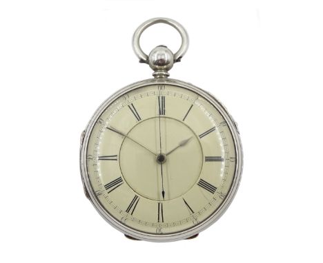 Victorian silver open face key wound English lever chronograph pocket watch No. 21227, cream enamel dial with Roman hours and