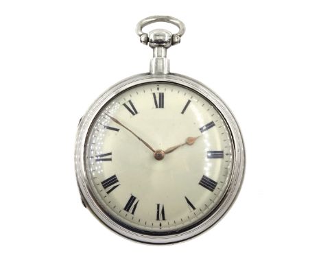 George III silver pair cased verge fusee pocket watch by Grimalde & Johnson, London, No. 5400, round baluster pillars, pierce