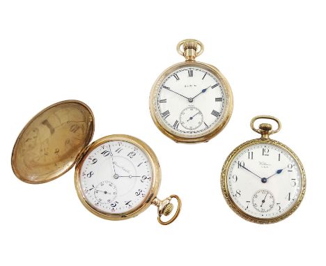 Three American gold-plated keyless pocket watches including an Illinois full hunter 17 jewels No. 2025386, open face Elgin No