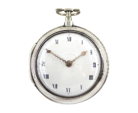 George III silver pair cased verge fusee pocket watch by W Parker, Repton, No. 93, round pillars, pierced and engraved balanc