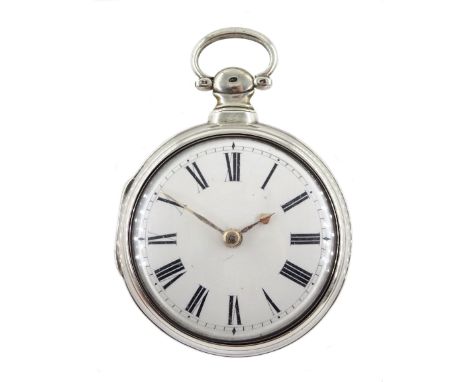 George IV silver pair cased verge fusee pocket watch by Richard Nicholson, Berwick-upon-Tweed, No. 443, round pillars, pierce