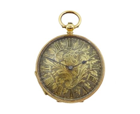 Swiss 18ct gold open face ladies key wound cylinder fob watch, gilt dial with Roman numerals, engine turned and engraved back