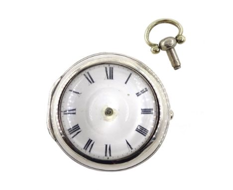 George III silver pair cased verge fusee pocket watch by John Garnett, London, No. 1326, square baluster pillars, pierced and