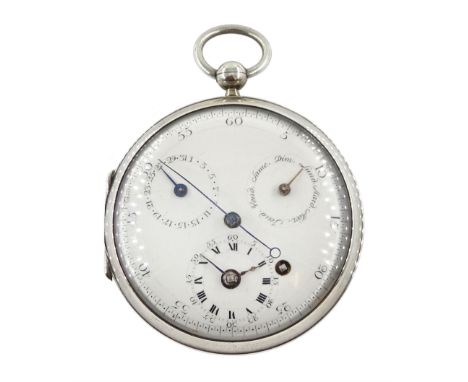 19th century silver open face French verge calendar pocket watch, front wound, white enamel dial with outer Arabic minute rin