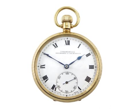 9ct gold open face Swiss lever, 17 jewels pocket watch by Collinwood 'Watchmakers to the Admiralty', white enamel dial with R