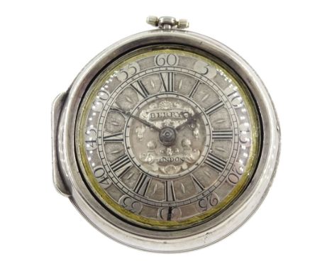 18th century silver pair cased verge fusee pocket watch by John Berry, London, No. 750, Egyptian pillars, pierced and engrave