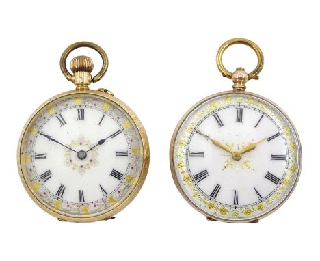 Gold open face ladies keyless cylinder fob watch stamped K14 and one other rose gold open face key wound ladies cylinder pock