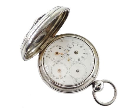 George III silver full hunter verge fusee calendar pocket watch by John Bittleston (London ca. 1781-94), No 1945, round pilla