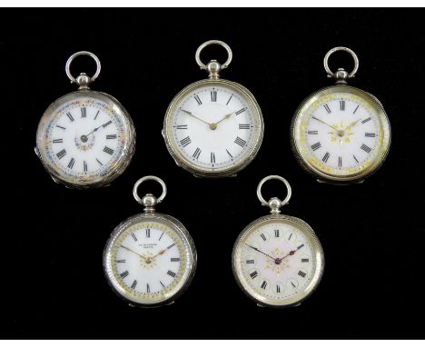Five 19th/early 20th century Swiss silver open face ladies key wound cylinder fob watches, white enamel dials with Roman nume
