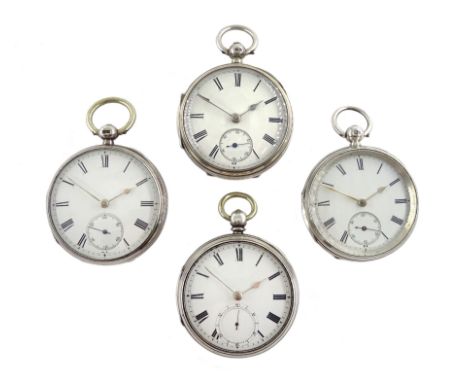Four 19th/early 20th century silver open face English lever fusee pocket watches, white enamel dials with Roman numerals, Lon